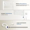 Collage of images showing a white towel radiator, a close-up of an electric heating element with a digital display, and text describing features. Voir les images du produit