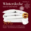 A stack of folded white duvets against a dark red background, with snowflakes and a 'Made in Europe' badge. Produktbild-Vorschau