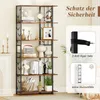 A multi-shelf bookcase with various decorative items and books, with an inset graphic showing safety features. Produktbild-Vorschau