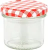 A clear glass jar with a red and white checkered lid. Produktbild-Vorschau