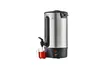 A silver and black hot beverage dispenser with a clear glass mug being filled with a red liquid. Produktbild-Vorschau
