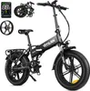 A black electric folding bicycle is displayed against a white background, with several smaller images showing details and the bike folded. Produktbild-Vorschau