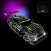 A black and green remote-controlled drift car with racing decals and a spoiler, illuminated by purple and blue lighting effects. Produktbild-Vorschau