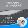 Close-up of a folded mattress with text overlays and a washing machine icon. Produktbild-Vorschau