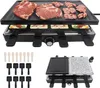 A raclette grill with meat and cheese on top, and accessories below. Produktbild-Vorschau