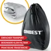 A folded white air mattress is shown inside a yellow circle, next to a black drawstring bag with the brand name ONBEST printed on it. Red arrows with German text are pointing towards the bag. Produktbild-Vorschau