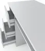 A close-up, angled view of a white desk with three drawers pulled out. Produktbild-Vorschau