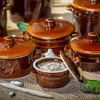 A collection of brown ceramic fermentation pots and a small pot filled with food, arranged on a burlap-like surface with garlic cloves and a wooden utensil. Voir les images du produit