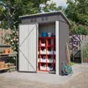 A garden shed with its doors open, showing storage shelves inside, set in a garden environment with plants and gardening tools. Produktbild-Vorschau