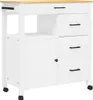 A white kitchen cart with a wooden top and black handles and wheels. Náhled obrázku produktu
