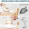 A collage comparing different types of irons and steamers, showing them in use or as product shots. Produktbild-Vorschau