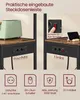 A split image showing a kitchen shelf unit with integrated power outlets and a toaster. The bottom section displays icons and text detailing product features. Produktbild-Vorschau