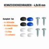 A set of license plate screws and caps with a description of the contents. Produktbild-Vorschau