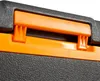 A close-up view of the textured black exterior and orange handle of a cooler box. Produktbild-Vorschau