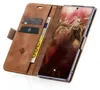 A brown flip-style phone case with cards and banknotes inserted, next to a smartphone displaying the time and date. Produktbild-Vorschau