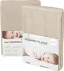 Two folded baby bed sheets in beige packaging, with a baby's face visible on the front. Produktbild-Vorschau