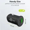 A black car charger with USB-C and USB-A ports, with dimensions and weight indicated. Anteprima dell’immagine prodotto