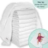 A stack of white muslin cloths with one cloth unfolded and draped over the stack. A circular overlay shows a baby on a white cloth with dimensions indicated. Produktbild-Vorschau
