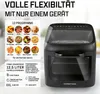 A black air fryer oven is shown with marketing text and feature callouts. Voir les images du produit