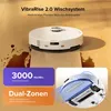A white robot vacuum cleaner is shown on a wooden floor with spilled liquid, next to marketing text and graphics highlighting its features. Produktbild-Vorschau
