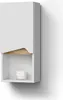 A white wall-mounted cabinet with a wooden accent and a candle inside.