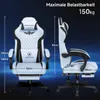 A white and black gaming chair is shown from the front and side with dimensions and weight capacity indicated. Podgląd zdjęcia produktu