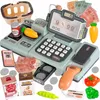 A toy cash register with various accessories, including toy food, money, and a scanner. Produktbild-Vorschau