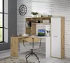 A modern home office setup with a desk, chair, and storage unit against a brick wall. Produktbild-Vorschau
