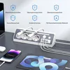 A power strip with multiple outlets and USB ports is shown on a desk next to electronic devices. Produktbild-Vorschau