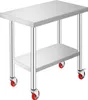 A stainless steel utility cart with two shelves and red casters, isolated on a white background. Anteprima dell’immagine prodotto