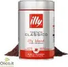 A can of Illy coffee beans with some coffee grounds in the foreground. Produktbild-Vorschau