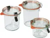 Three glass jars with orange rubber seals and metal clasps are arranged diagonally on a white background. Produktbild-Vorschau