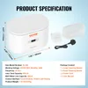 Product specifications and package contents of an ultrasonic cleaner. Voir les images du produit