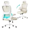 Two views of a beige and white ergonomic office chair with adjustable features highlighted by blue arrows. Produktbild-Vorschau