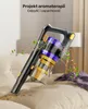 A cordless vacuum cleaner is shown on a bed, with animated leaves and petals around it. Podgląd zdjęcia produktu