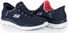 A pair of navy blue Skechers slip-on sneakers with pink accents and white soles are displayed on a white background. Produktbild-Vorschau
