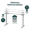An image showing an adjustable desk frame in different height positions, with text indicating its features and specifications. Produktbild-Vorschau