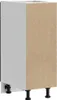 A white kitchen cabinet base with a brown particle board side, resting on black legs. Produktbild-Vorschau