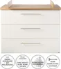A white dresser with a wooden top and a wooden changing station attachment, shown from the front. There are three drawers with handles. Below the dresser are four circular icons with text and graphics. Produktbild-Vorschau