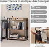 A three-tier industrial bookshelf is shown with various items on its shelves, alongside marketing text and icons. Produktbild-Vorschau