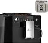 A close-up of a black and silver automatic coffee machine with a silver milk frothing attachment. Produktbild-Vorschau