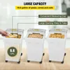 Three white food storage containers are shown on a wooden surface. The left container has a hand scooping food out of it. Text overlays describe features and capacity. Produktbild-Vorschau