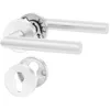 A set of brushed stainless steel door handles and a keyhole escutcheon on a white background. Produktbild-Vorschau