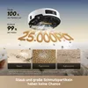 A robotic vacuum cleaner is shown hovering above a pile of debris, with text highlighting its cleaning capabilities. Produktbild-Vorschau