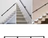 Collage of three images showing black metal handrails on stairs, and a separate image of a handrail on a white background. Podgląd zdjęcia produktu