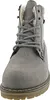 A close-up, front-facing view of a gray winter boot with white fur lining and black and white laces. Anteprima dell’immagine prodotto