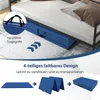 A blue foldable gym mat is shown folded and stored under a bed, with diagrams illustrating its folding mechanism. Produktbild-Vorschau