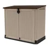 A beige and brown outdoor storage box with a sloped brown lid and black trim, shown against a white background. Voir les images du produit
