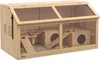 A wooden hamster cage with multiple levels, ramps, and houses, featuring two hamsters inside. Voir les images du produit