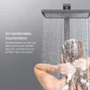 A person showering under a modern shower head, with text describing a comfortable shower experience. Produktbild-Vorschau